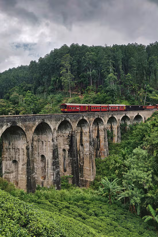 Train going over bridge in Sri Lanka
